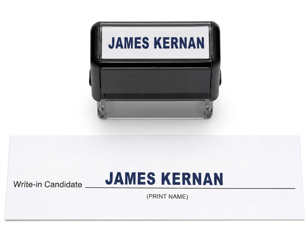 Self-inking stamp printing the name James Kernan on a ballot write-in line